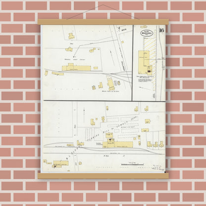 Old map wall art mockup — magnetic wood frame on brick wall — Sanborn Fire Insurance Map from Marshall, Harrison County, Texas (1899), Sheet #0016