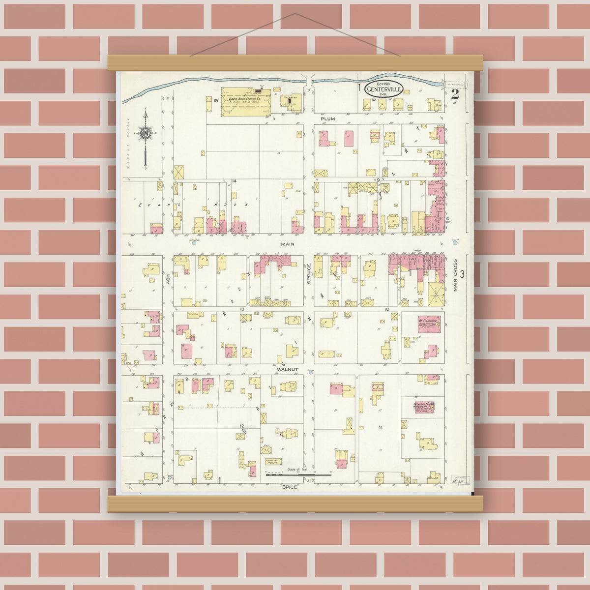 Old map wall art mockup — magnetic wood frame on brick wall — Sanborn Fire Insurance Map from Centerville, Wayne County, Indiana (1913), Sheet #0002