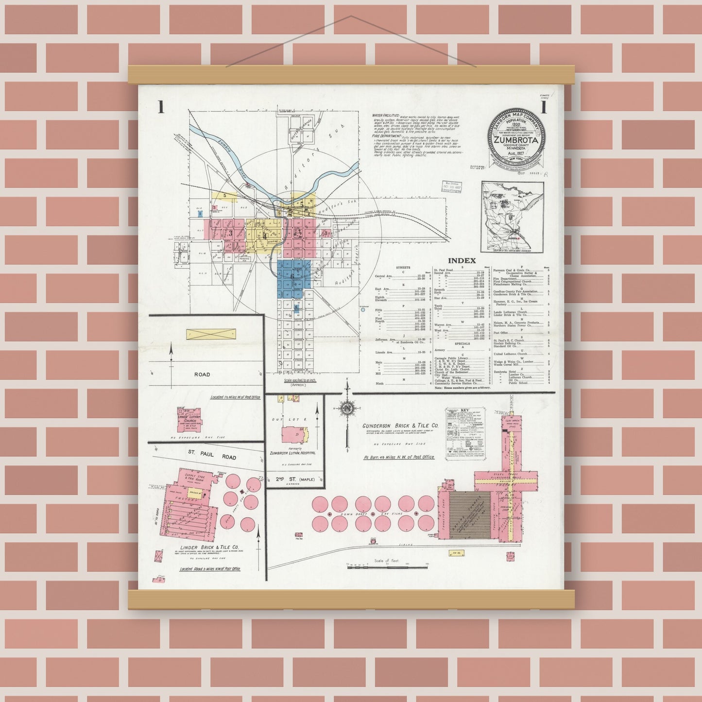 Old map wall art mockup — magnetic wood frame on brick wall — Sanborn Fire Insurance Map from Zumbrota, Goodhue County, Minnesota (1927) - Complete Map Set