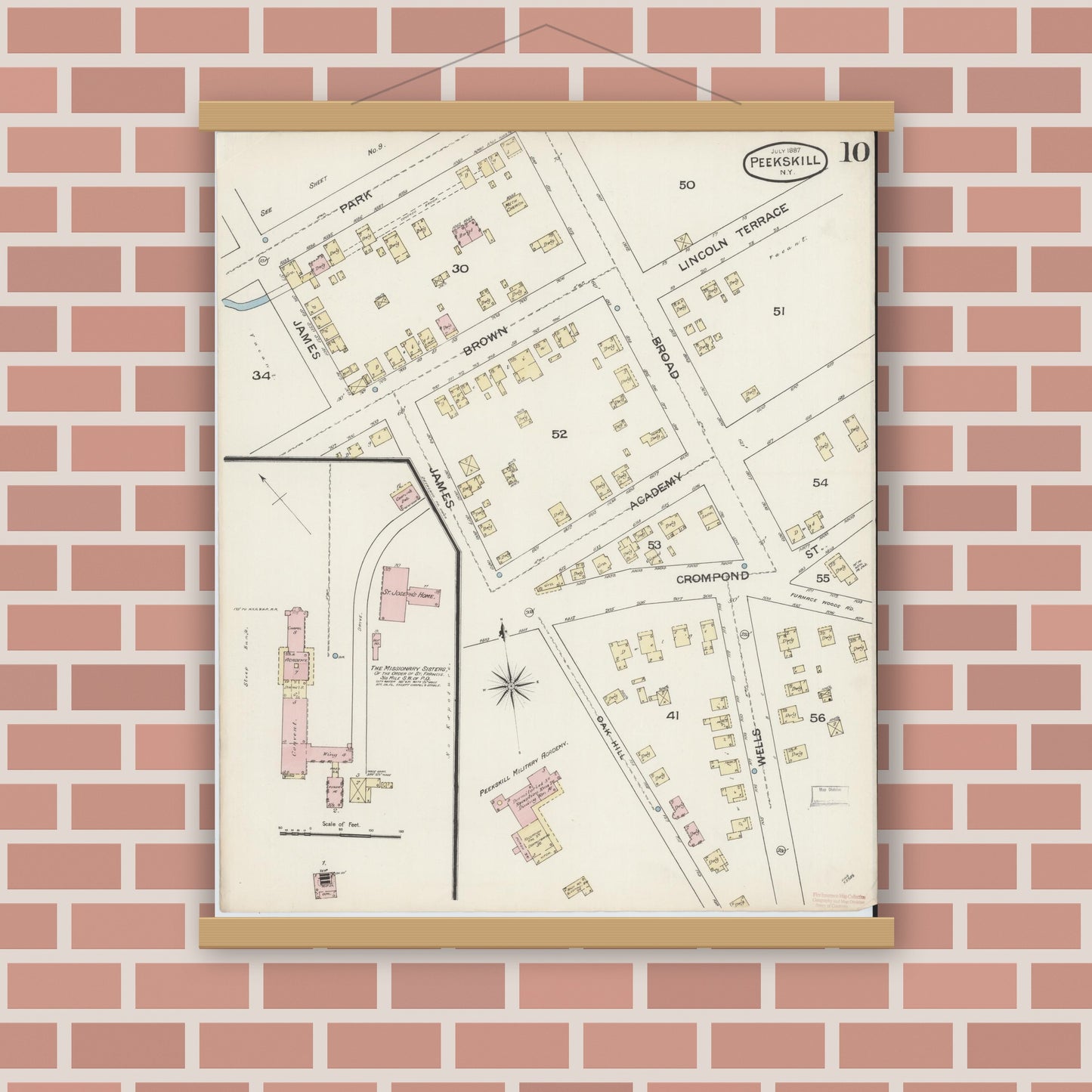Old map wall art mockup — magnetic wood frame on brick wall — Sanborn Fire Insurance Map from Peekskill, Westchester County, New York (1887), Sheet #0010