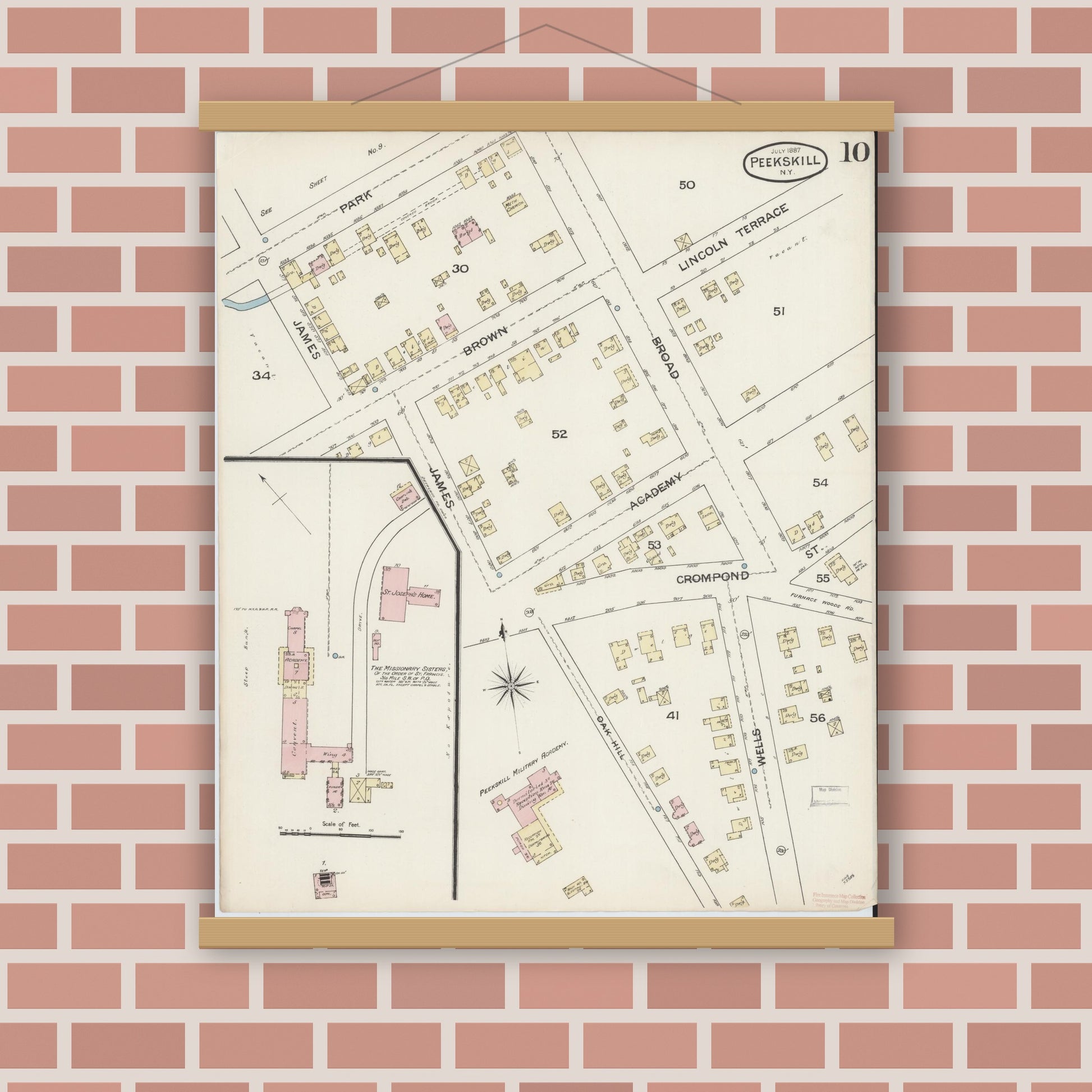 Old map wall art mockup — magnetic wood frame on brick wall — Sanborn Fire Insurance Map from Peekskill, Westchester County, New York (1887), Sheet #0010