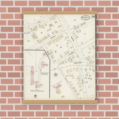 Old map wall art mockup — magnetic wood frame on brick wall — Sanborn Fire Insurance Map from Peekskill, Westchester County, New York (1887), Sheet #0010