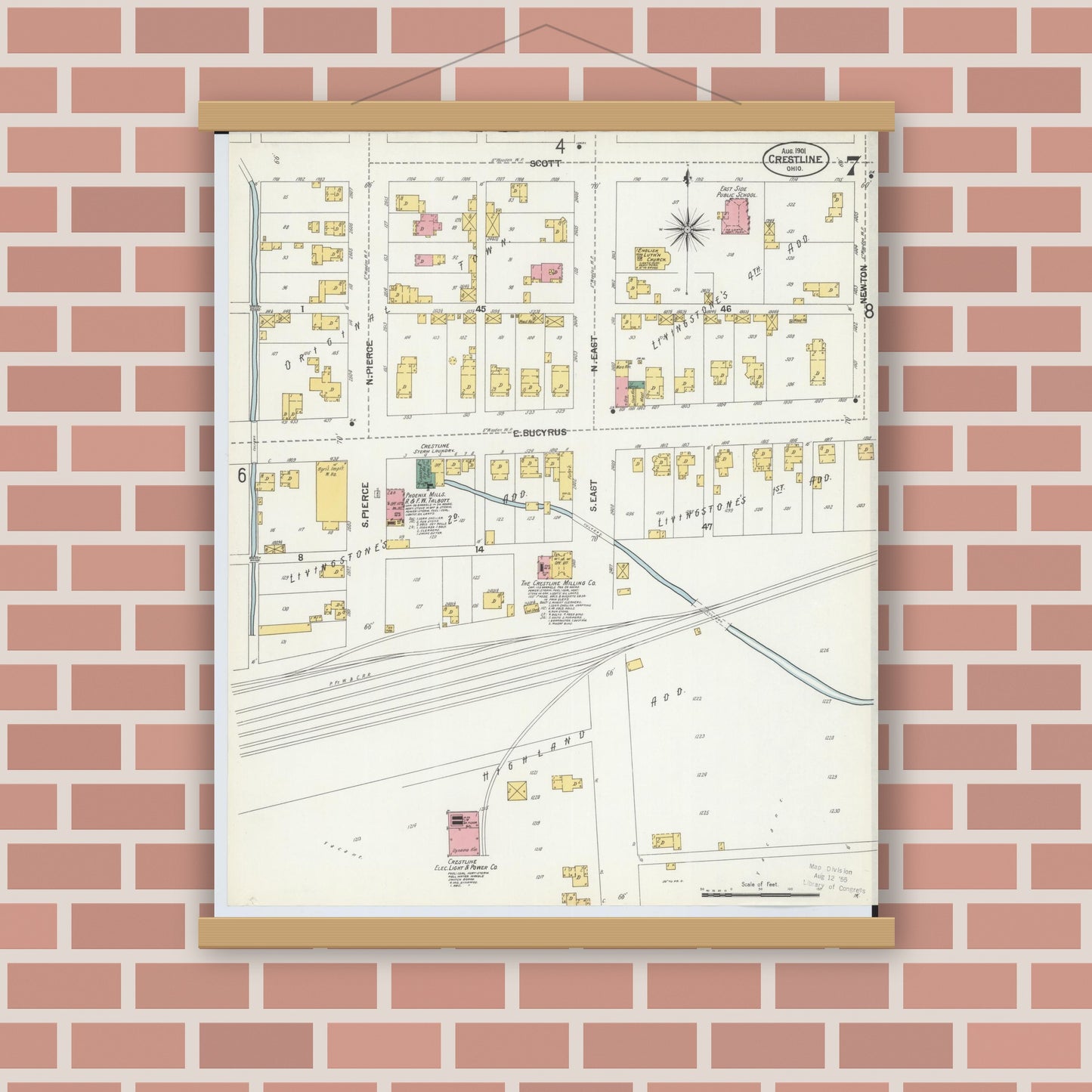 Old map wall art mockup — magnetic wood frame on brick wall — Sanborn Fire Insurance Map from Crestline, Crawford County, Ohio (1901), Sheet #0007
