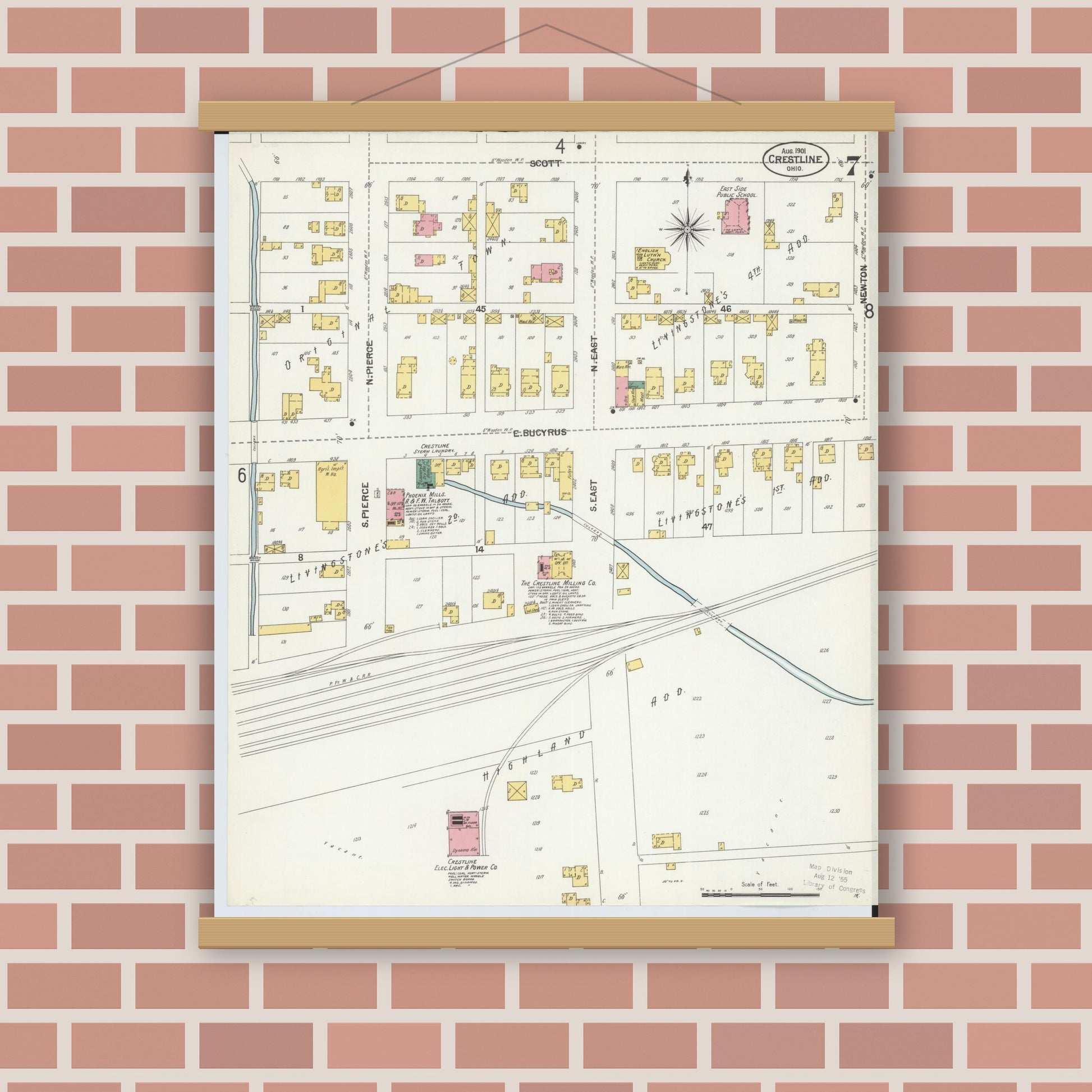 Old map wall art mockup — magnetic wood frame on brick wall — Sanborn Fire Insurance Map from Crestline, Crawford County, Ohio (1901), Sheet #0007
