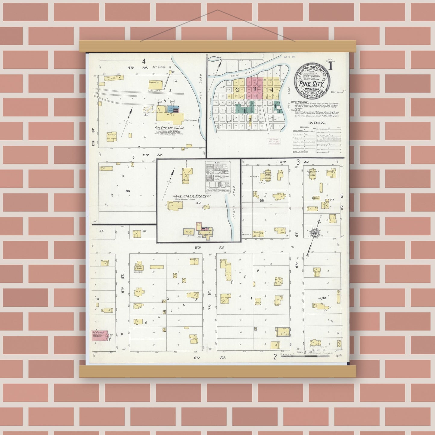 Old map wall art mockup — magnetic wood frame on brick wall — Sanborn Fire Insurance Map from Pine City, Pine County, Minnesota (1911) - Complete Map Set