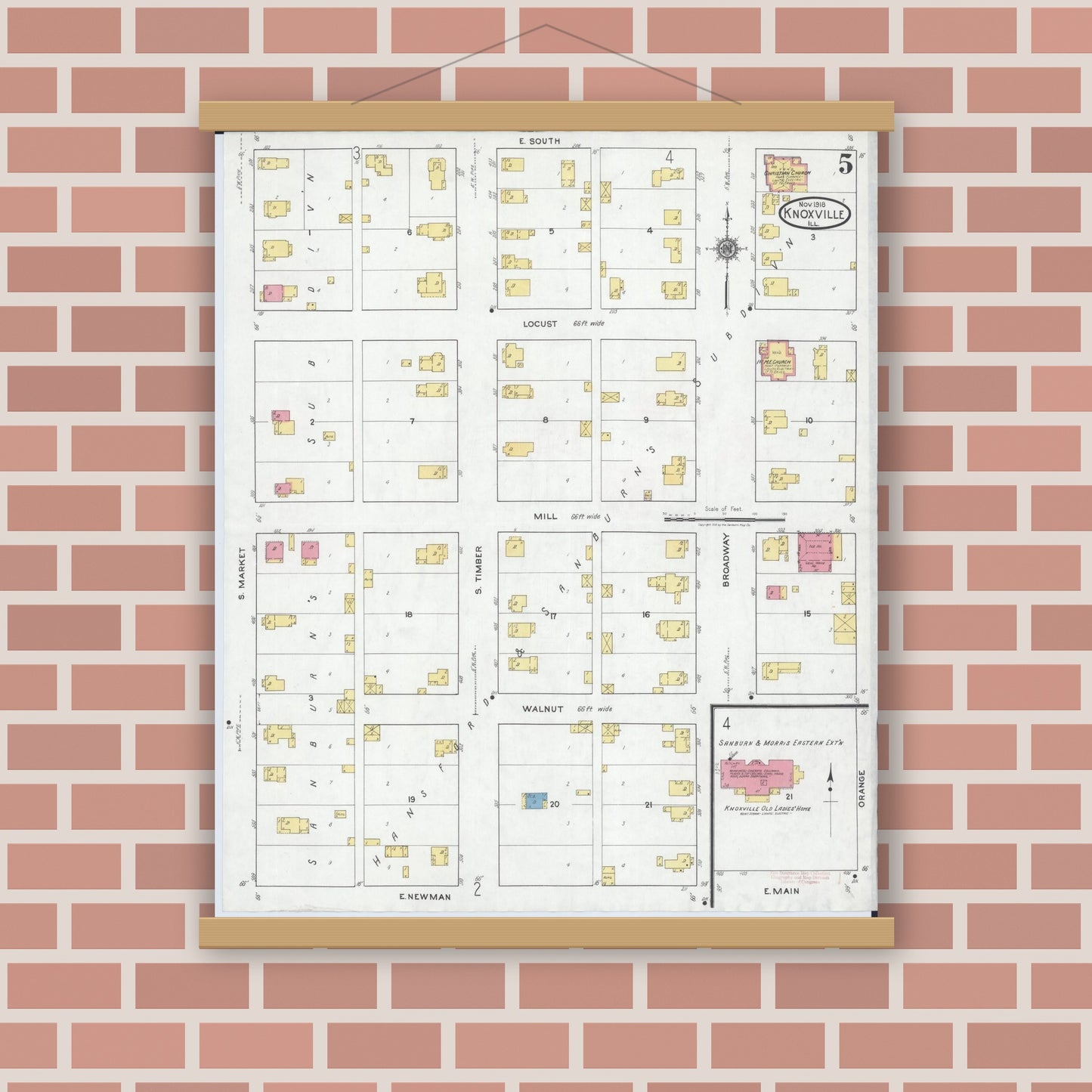 Old map wall art mockup — magnetic wood frame on brick wall — Sanborn Fire Insurance Map from Knoxville, Knox County, Illinois (1918), Sheet #0005