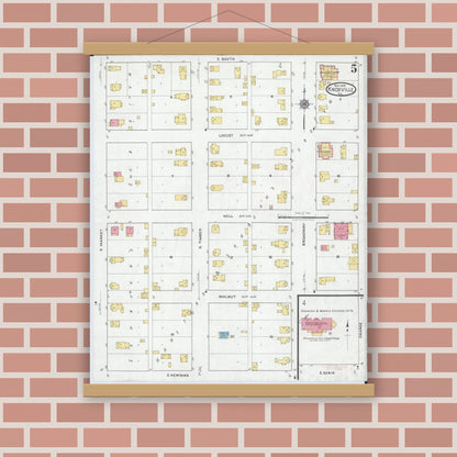 Old map wall art mockup — magnetic wood frame on brick wall — Sanborn Fire Insurance Map from Knoxville, Knox County, Illinois (1918), Sheet #0005