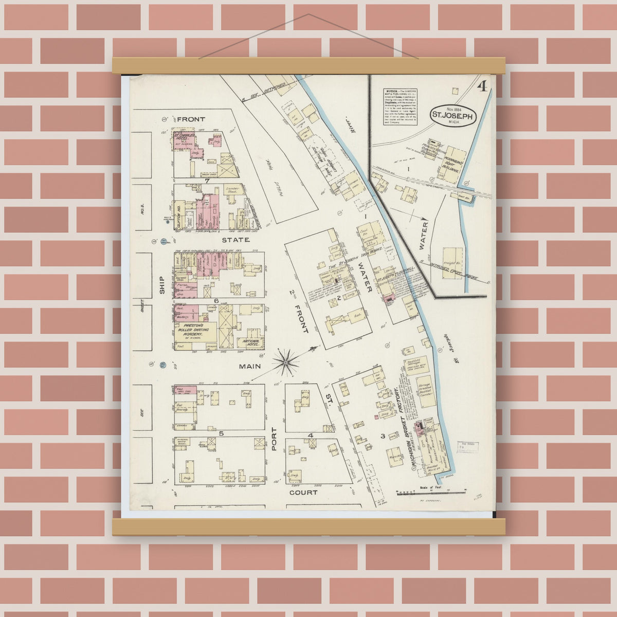Old map wall art mockup — magnetic wood frame on brick wall — Sanborn Fire Insurance Map from Saint Joseph, Berrien County, Michigan (1884), Sheet #0004