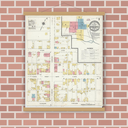 Old map wall art mockup — magnetic wood frame on brick wall — Sanborn Fire Insurance Map from New Bloomfield, Perry County, Pennsylvania (1911), Sheet #0001