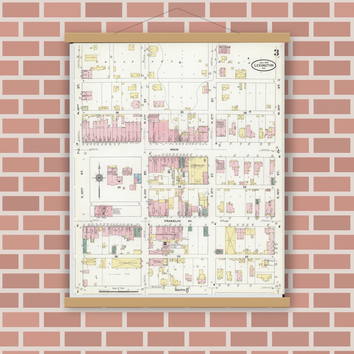Old map wall art mockup — magnetic wood frame on brick wall — Sanborn Fire Insurance Map from Lexington, Lafayette County, Missouri (1910), Sheet #0003