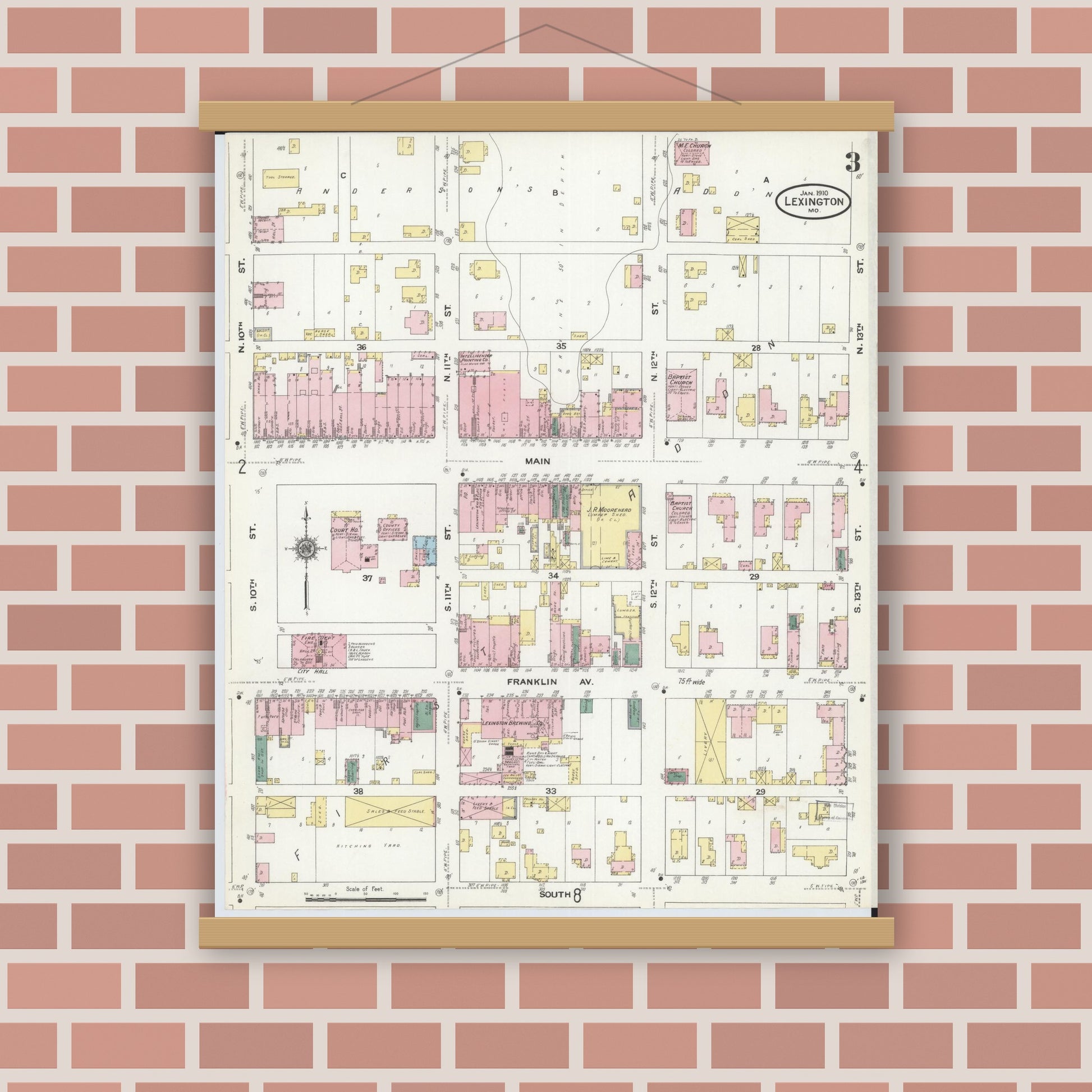 Old map wall art mockup — magnetic wood frame on brick wall — Sanborn Fire Insurance Map from Lexington, Lafayette County, Missouri (1910), Sheet #0003