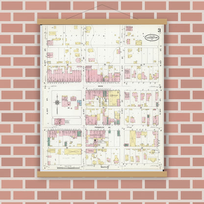 Old map wall art mockup — magnetic wood frame on brick wall — Sanborn Fire Insurance Map from Lexington, Lafayette County, Missouri (1910), Sheet #0003
