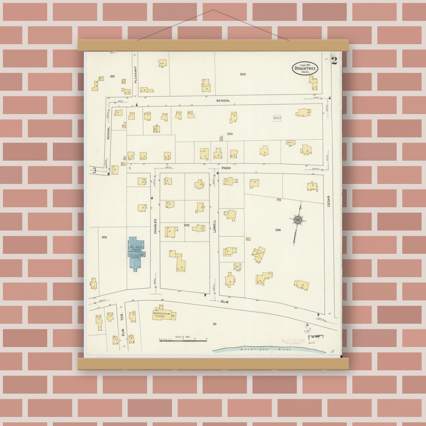Old map wall art mockup — magnetic wood frame on brick wall — Sanborn Fire Insurance Map from Braintree, Norfolk County, Massachusetts (1911), Sheet #0002
