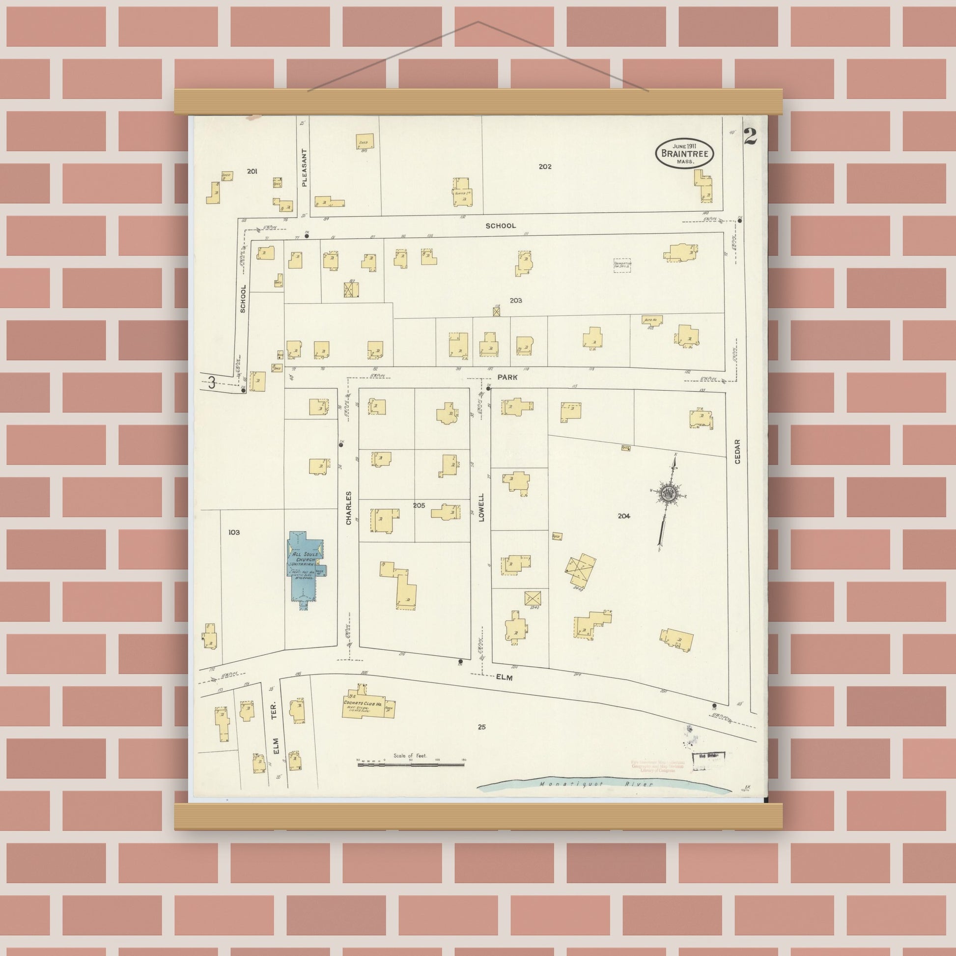 Old map wall art mockup — magnetic wood frame on brick wall — Sanborn Fire Insurance Map from Braintree, Norfolk County, Massachusetts (1911), Sheet #0002