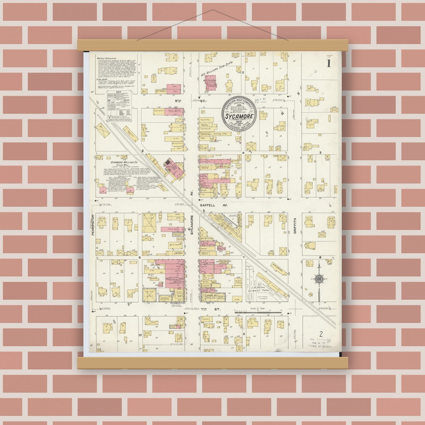 Old map wall art mockup — magnetic wood frame on brick wall — Sanborn Fire Insurance Map from Sycamore, Wyandot County, Ohio (1911) - Complete Map Set