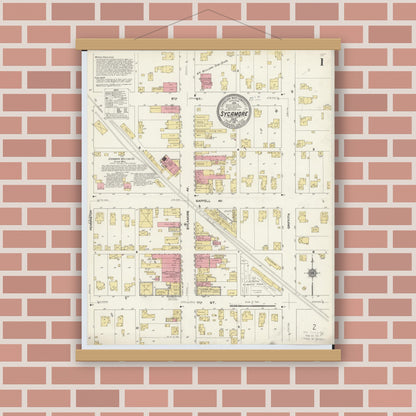 Old map wall art mockup — magnetic wood frame on brick wall — Sanborn Fire Insurance Map from Sycamore, Wyandot County, Ohio (1911) - Complete Map Set