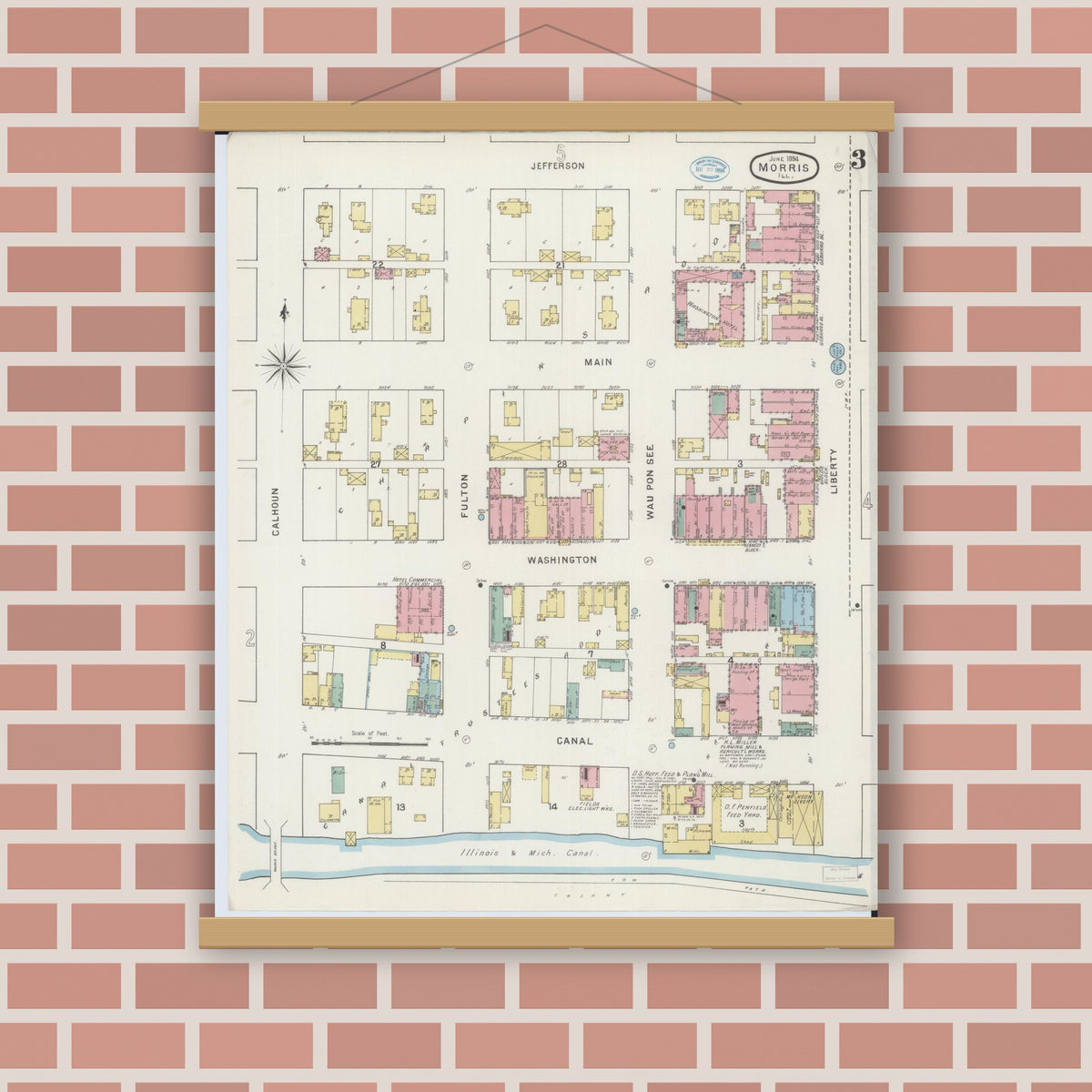 Old map wall art mockup — magnetic wood frame on brick wall — Sanborn Fire Insurance Map from Morris, Grundy County, Illinois (1894), Sheet #0003
