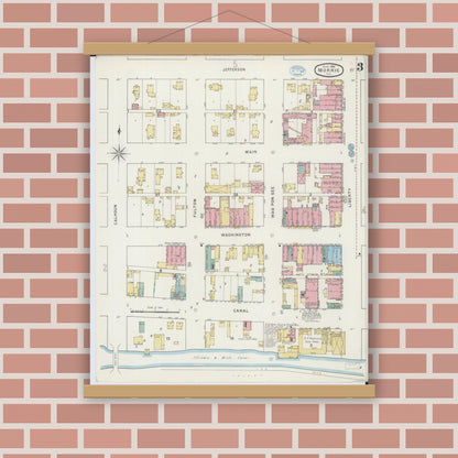 Old map wall art mockup — magnetic wood frame on brick wall — Sanborn Fire Insurance Map from Morris, Grundy County, Illinois (1894), Sheet #0003