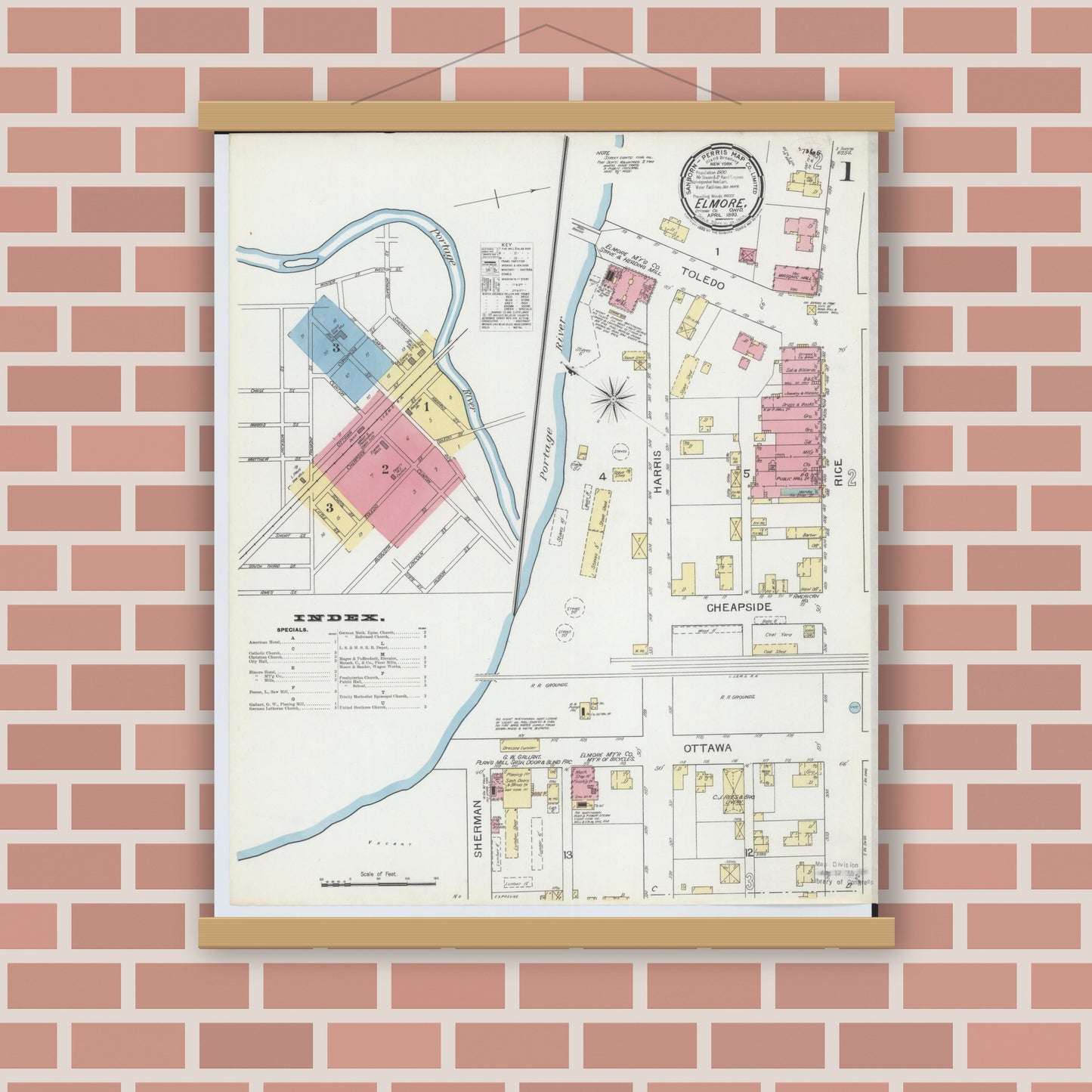 Old map wall art mockup — magnetic wood frame on brick wall — Sanborn Fire Insurance Map from Elmore, Ottawa County, Ohio (1893), Sheet #0001