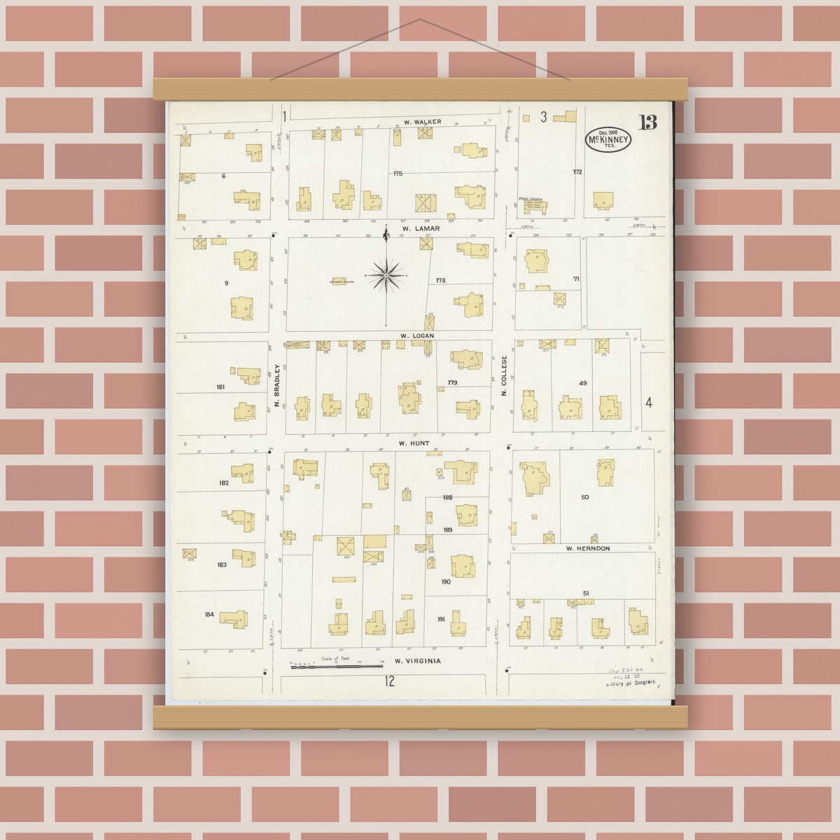 Old map wall art mockup — magnetic wood frame on brick wall — Sanborn Fire Insurance Map from McKinney, Collin County, Texas (1908), Sheet #0013