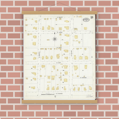 Old map wall art mockup — magnetic wood frame on brick wall — Sanborn Fire Insurance Map from McKinney, Collin County, Texas (1908), Sheet #0013