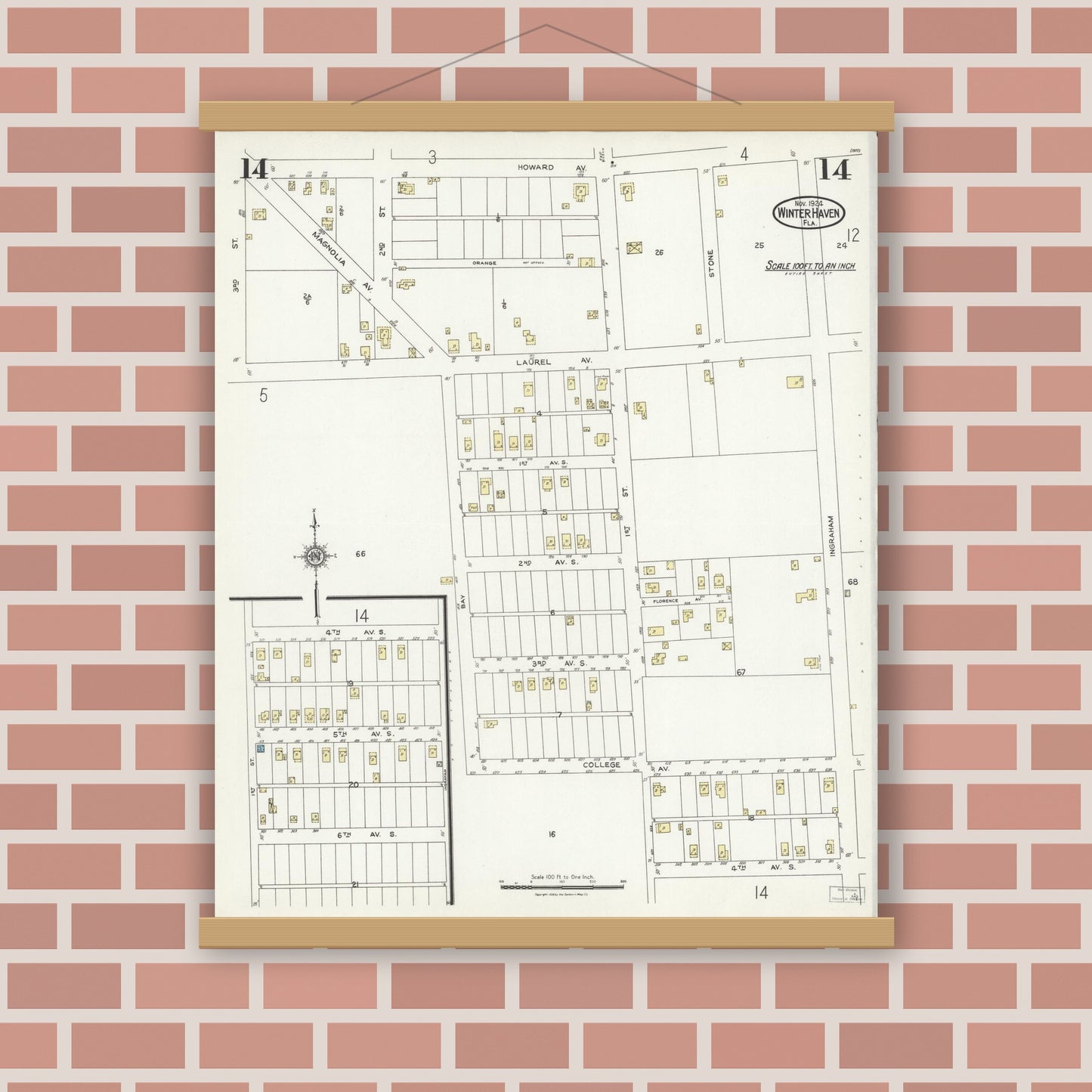 Old map wall art mockup — magnetic wood frame on brick wall — Sanborn Fire Insurance Map from Winter Haven, Polk County, Florida (1924), Sheet #0014