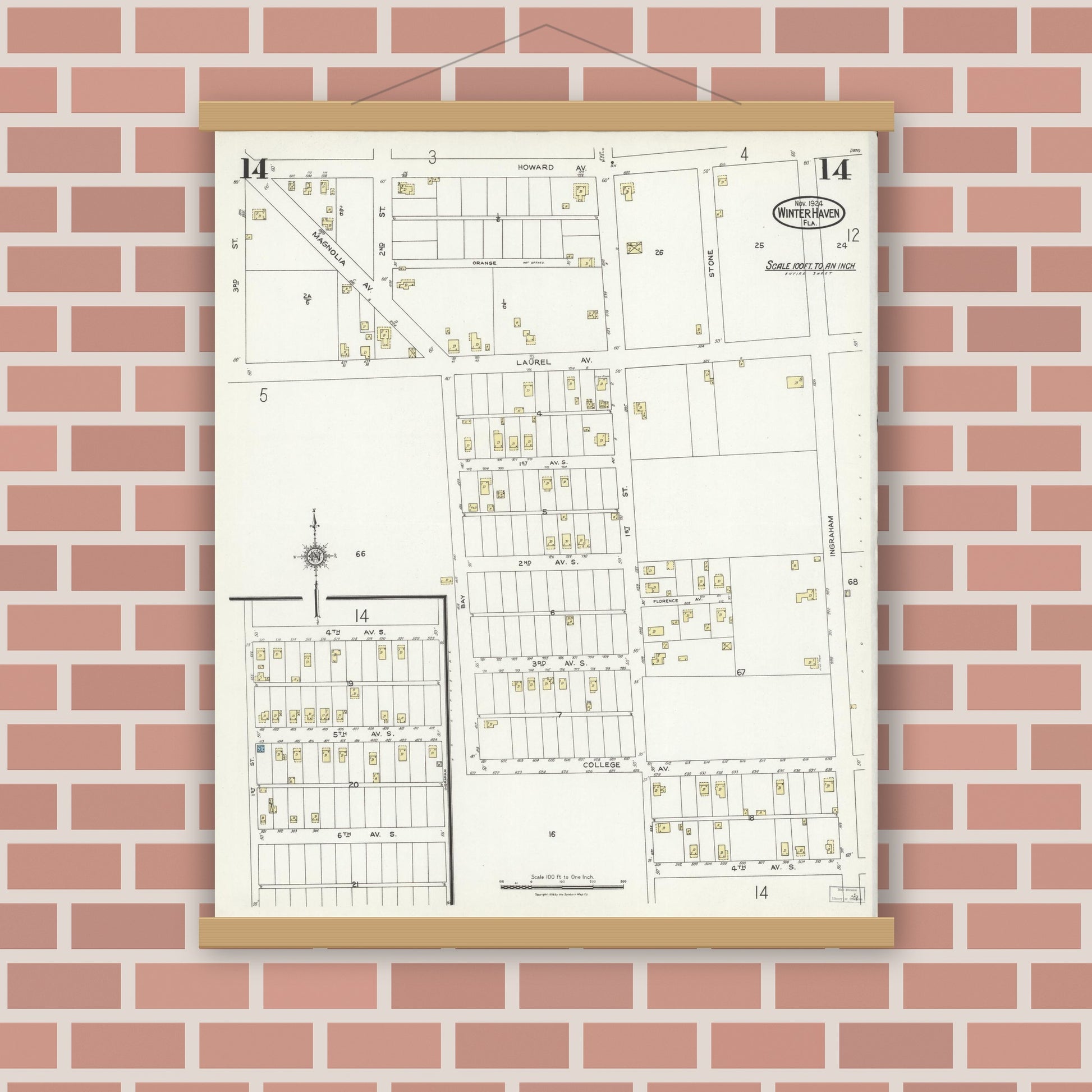 Old map wall art mockup — magnetic wood frame on brick wall — Sanborn Fire Insurance Map from Winter Haven, Polk County, Florida (1924), Sheet #0014