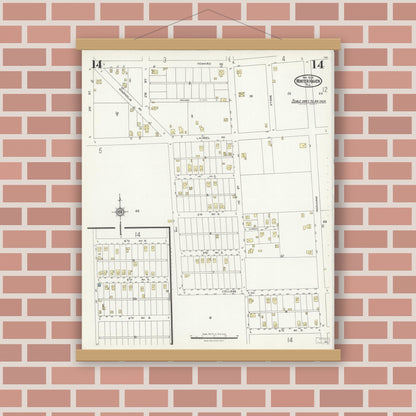 Old map wall art mockup — magnetic wood frame on brick wall — Sanborn Fire Insurance Map from Winter Haven, Polk County, Florida (1924), Sheet #0014