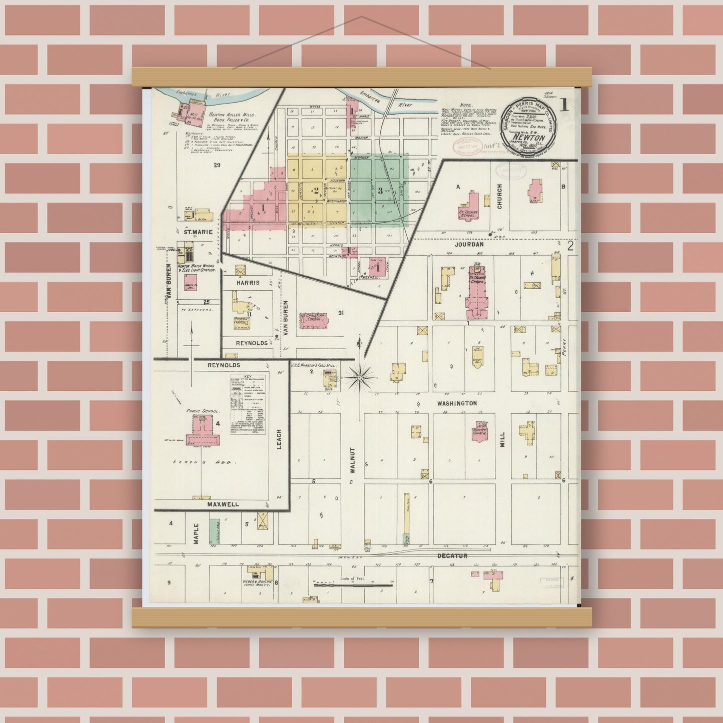 Old map wall art mockup — magnetic wood frame on brick wall — Sanborn Fire Insurance Map from Newton, Jasper County, Illinois (1897) - Complete Map Set