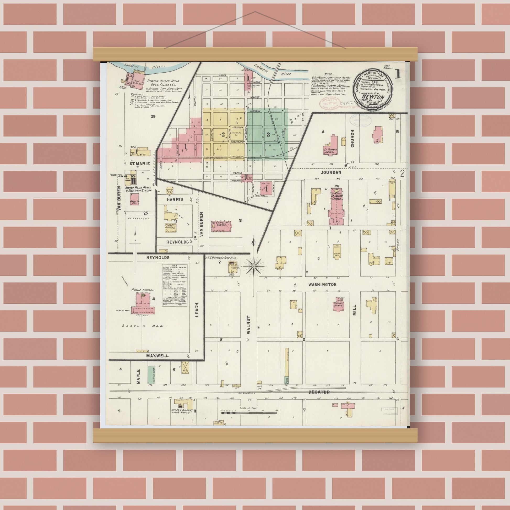 Old map wall art mockup — magnetic wood frame on brick wall — Sanborn Fire Insurance Map from Newton, Jasper County, Illinois (1897) - Complete Map Set