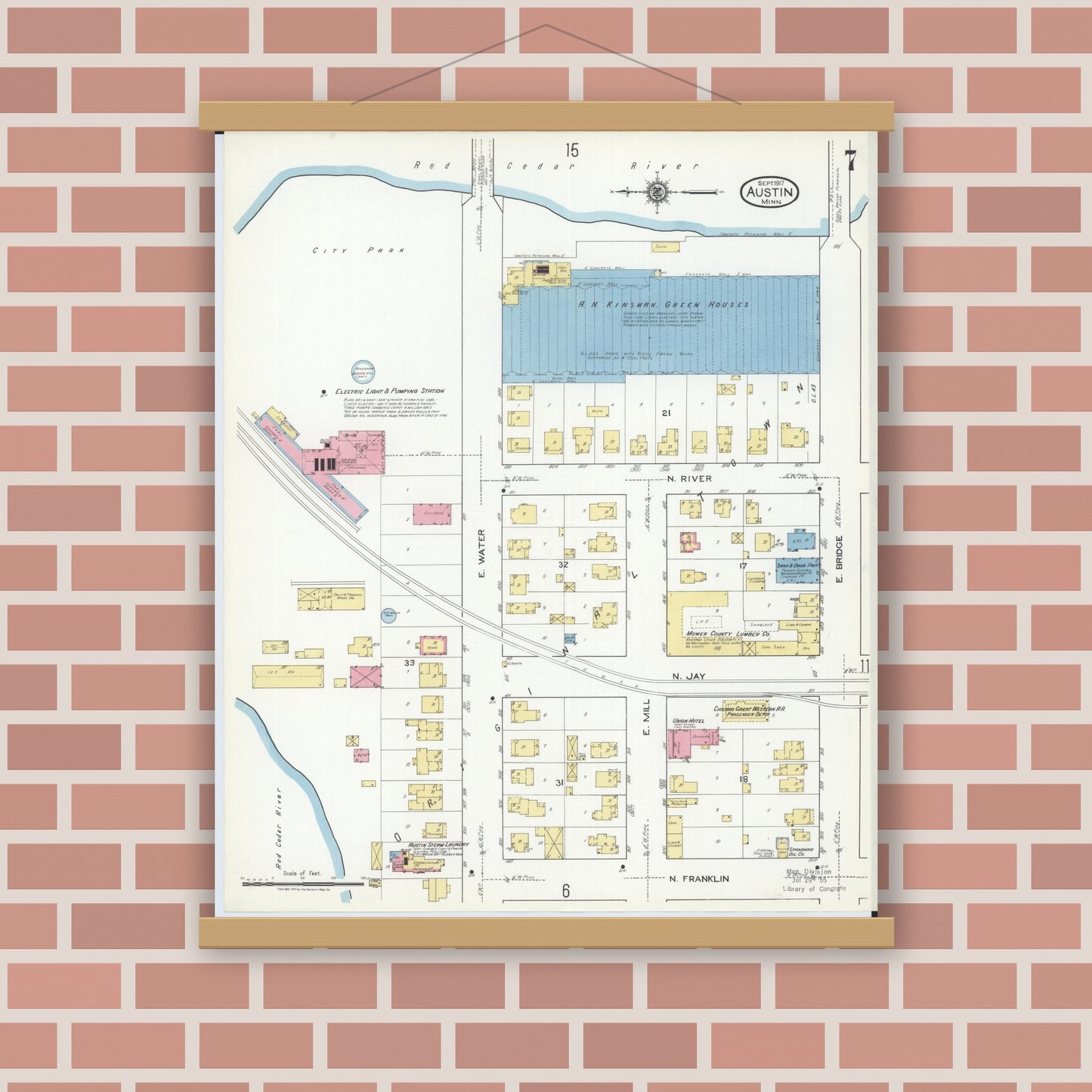 Old map wall art mockup — magnetic wood frame on brick wall — Sanborn Fire Insurance Map from Austin, Mower County, Minnesota (1917), Sheet #0007