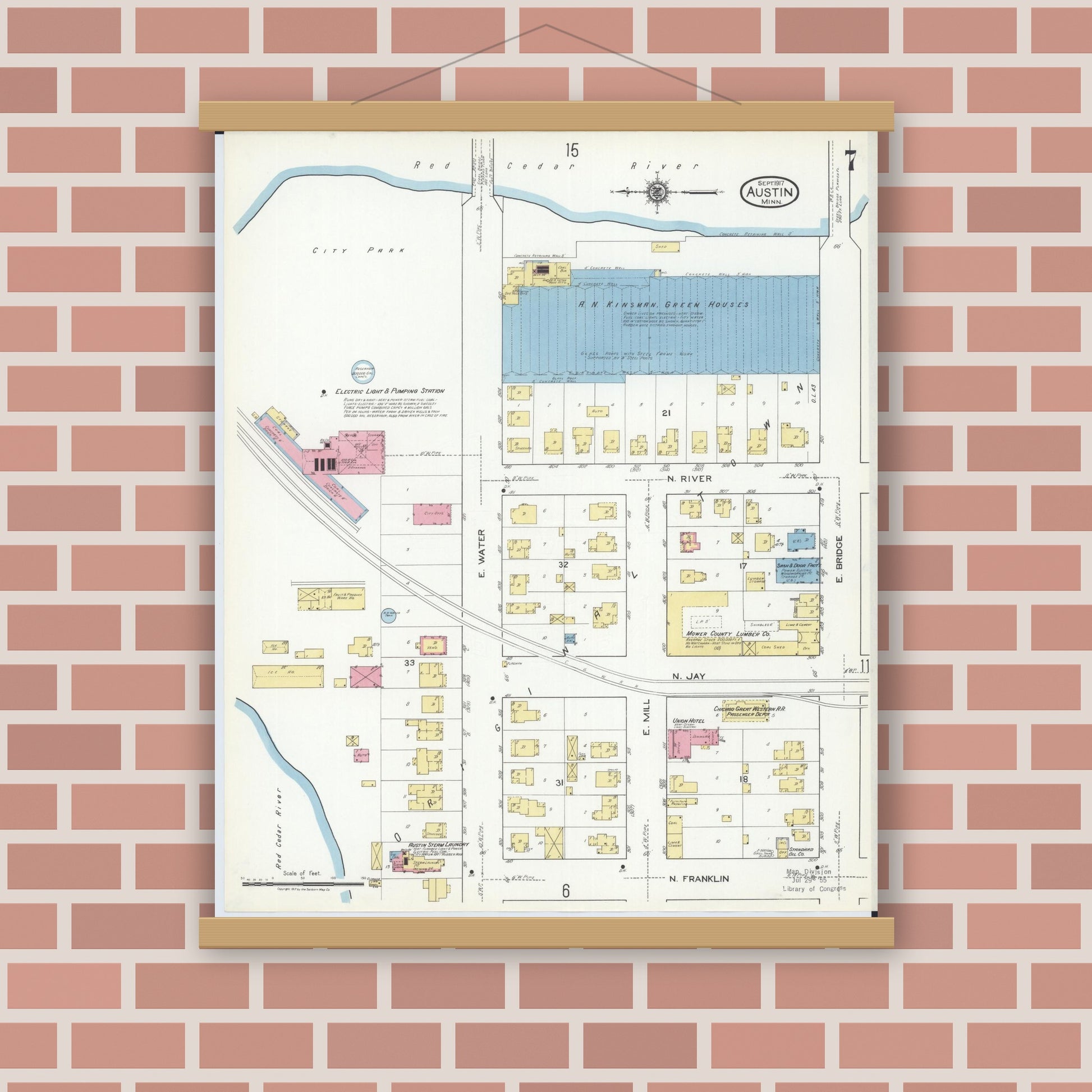 Old map wall art mockup — magnetic wood frame on brick wall — Sanborn Fire Insurance Map from Austin, Mower County, Minnesota (1917), Sheet #0007