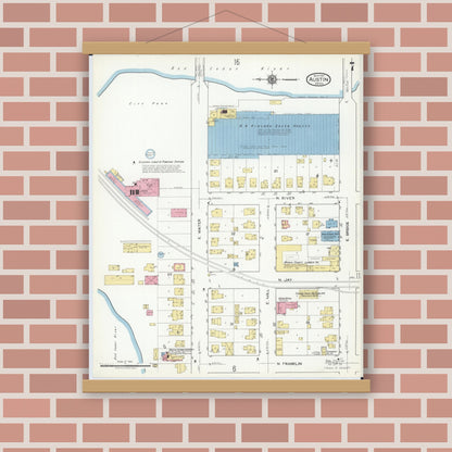 Old map wall art mockup — magnetic wood frame on brick wall — Sanborn Fire Insurance Map from Austin, Mower County, Minnesota (1917), Sheet #0007
