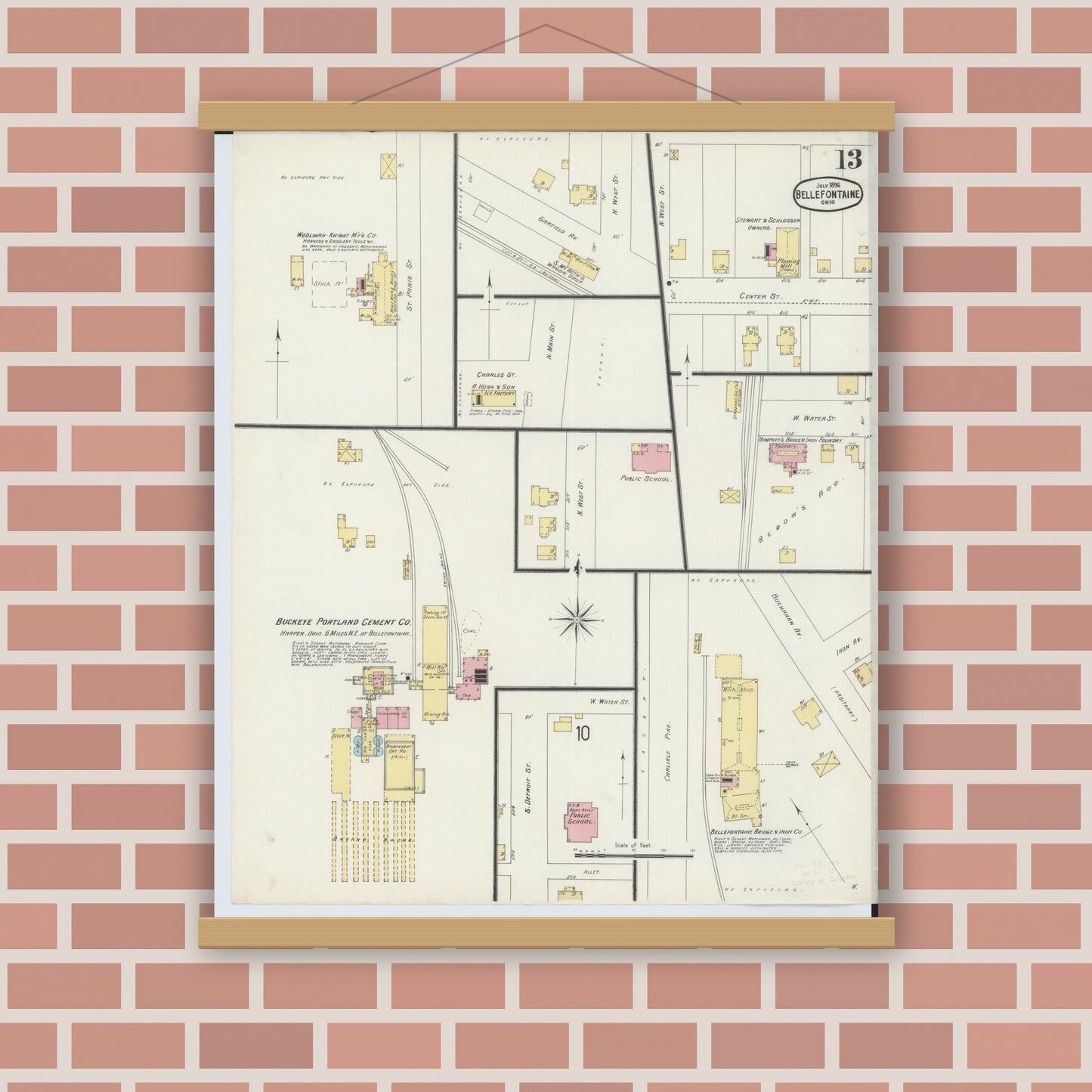 Old map wall art mockup — magnetic wood frame on brick wall — Sanborn Fire Insurance Map from Bellefontaine, Logan County, Ohio (1896), Sheet #0013