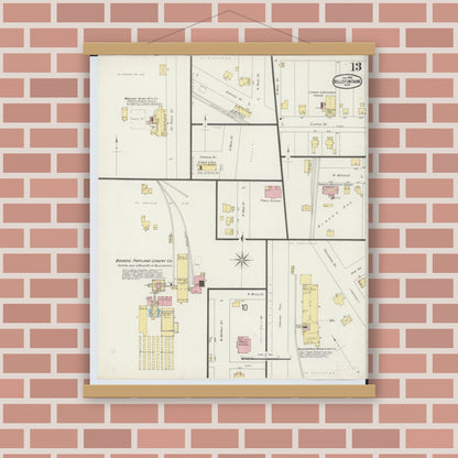 Old map wall art mockup — magnetic wood frame on brick wall — Sanborn Fire Insurance Map from Bellefontaine, Logan County, Ohio (1896), Sheet #0013