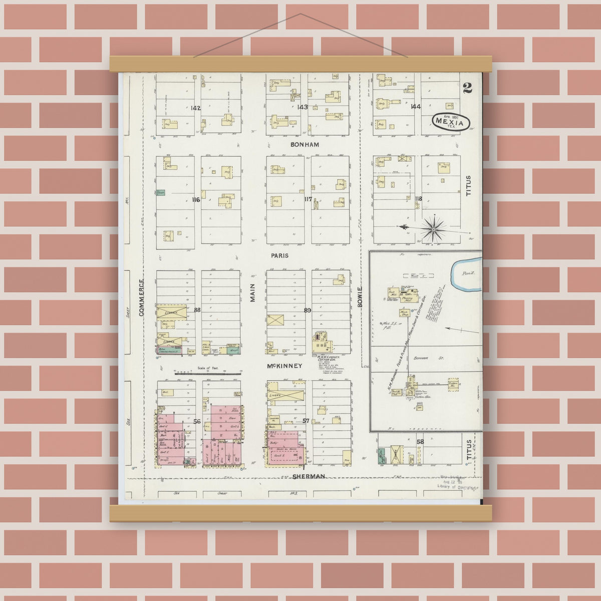 Old map wall art mockup — magnetic wood frame on brick wall — Sanborn Fire Insurance Map from Mexia, Limestone County, Texas (1891), Sheet #0002