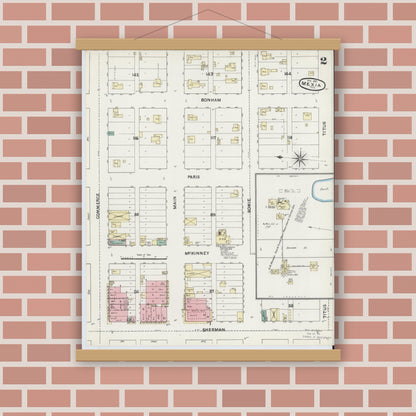 Old map wall art mockup — magnetic wood frame on brick wall — Sanborn Fire Insurance Map from Mexia, Limestone County, Texas (1891), Sheet #0002