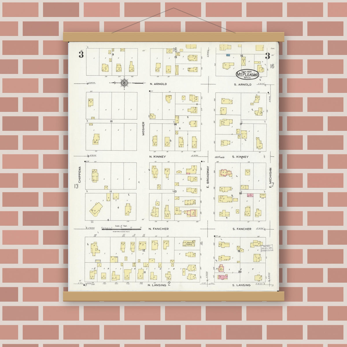 Old map wall art mockup — magnetic wood frame on brick wall — Sanborn Fire Insurance Map from Mount Pleasant, Isabella County, Michigan (1924), Sheet #0003