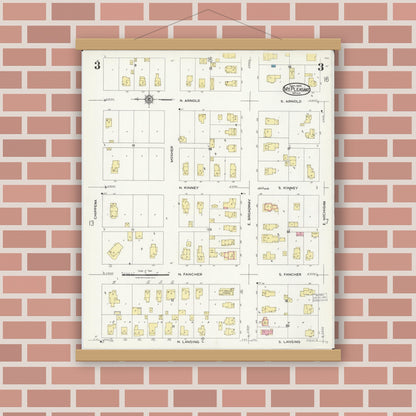 Old map wall art mockup — magnetic wood frame on brick wall — Sanborn Fire Insurance Map from Mount Pleasant, Isabella County, Michigan (1924), Sheet #0003