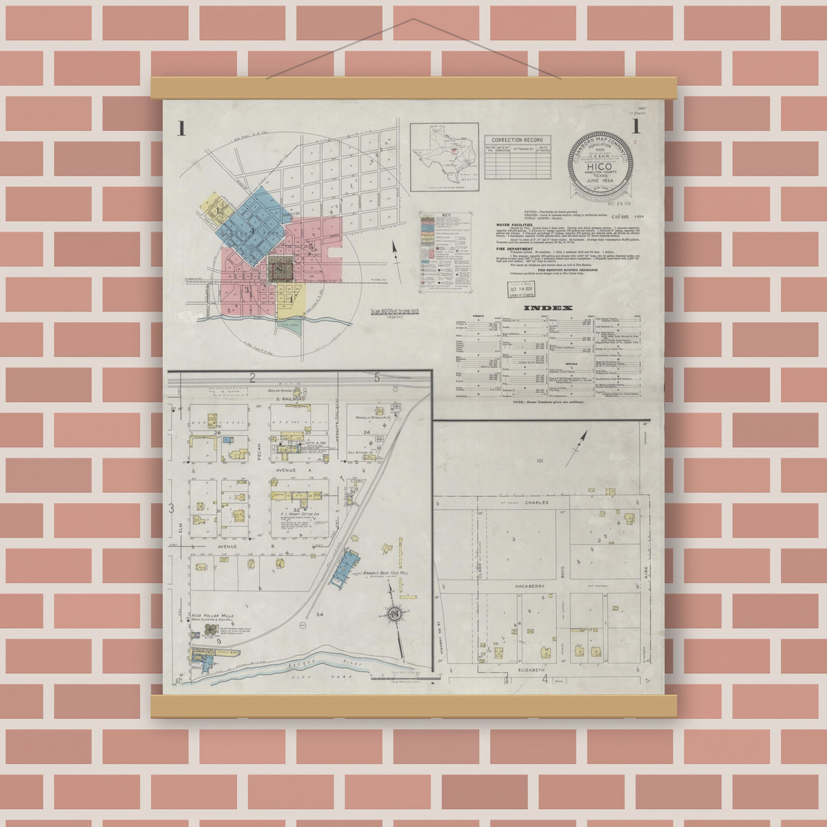 Old map wall art mockup — magnetic wood frame on brick wall — Sanborn Fire Insurance Map from Hico, Hamilton County, Texas (1934) - Complete Map Set