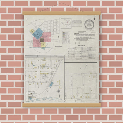 Old map wall art mockup — magnetic wood frame on brick wall — Sanborn Fire Insurance Map from Hico, Hamilton County, Texas (1934) - Complete Map Set