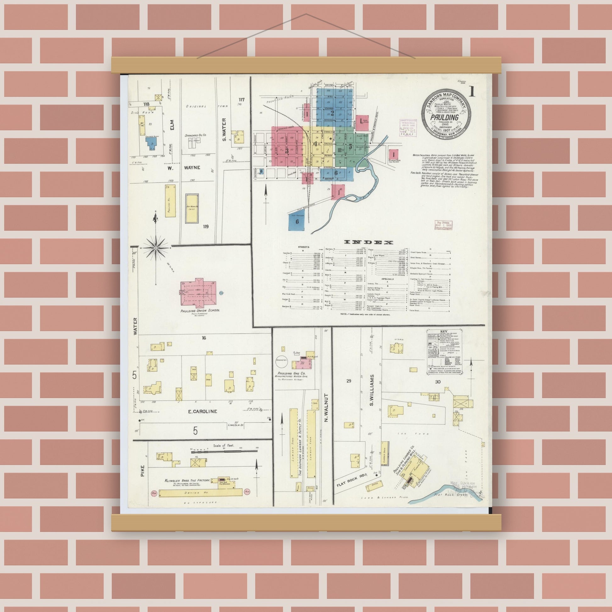 Old map wall art mockup — magnetic wood frame on brick wall — Sanborn Fire Insurance Map from Paulding, Paulding County, Ohio (1907), Sheet #0001