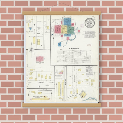 Old map wall art mockup — magnetic wood frame on brick wall — Sanborn Fire Insurance Map from Paulding, Paulding County, Ohio (1907), Sheet #0001