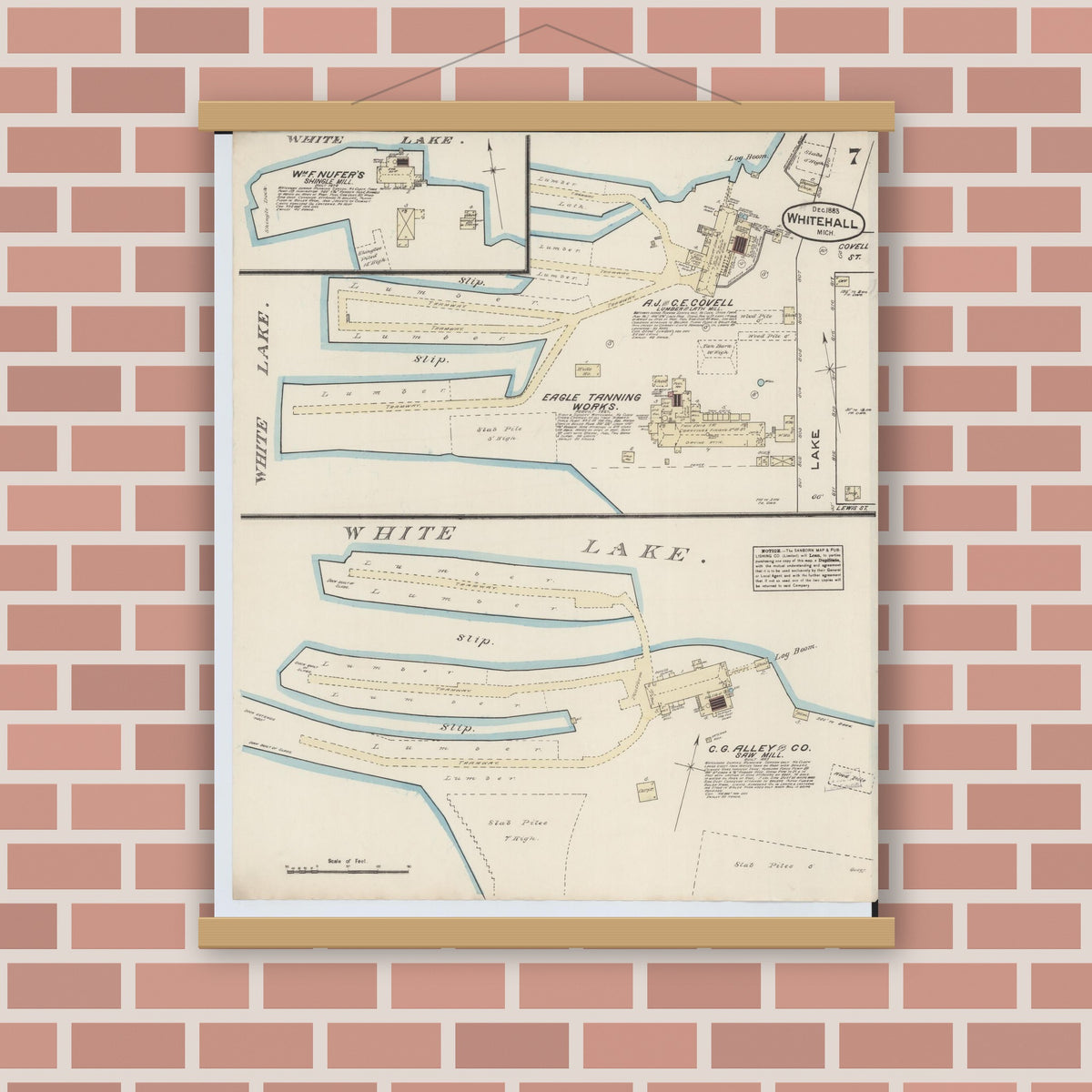 Old map wall art mockup — magnetic wood frame on brick wall — Sanborn Fire Insurance Map from Montague, Muskegon County, Michigan (1883), Sheet #0007
