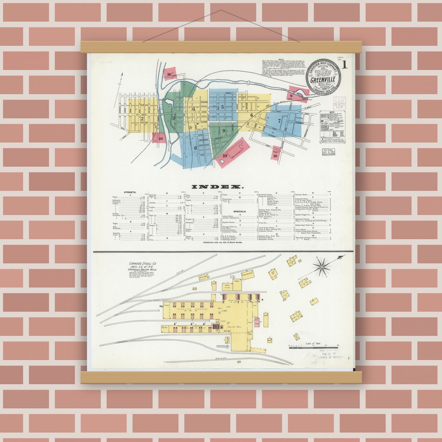 Old map wall art mockup — magnetic wood frame on brick wall — Sanborn Fire Insurance Map from Greenville, Mercer County, Pennsylvania (1904), Sheet #0001