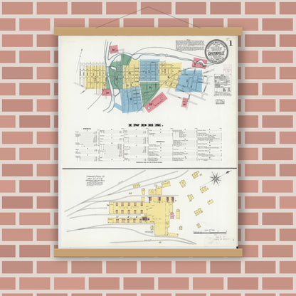 Old map wall art mockup — magnetic wood frame on brick wall — Sanborn Fire Insurance Map from Greenville, Mercer County, Pennsylvania (1904), Sheet #0001