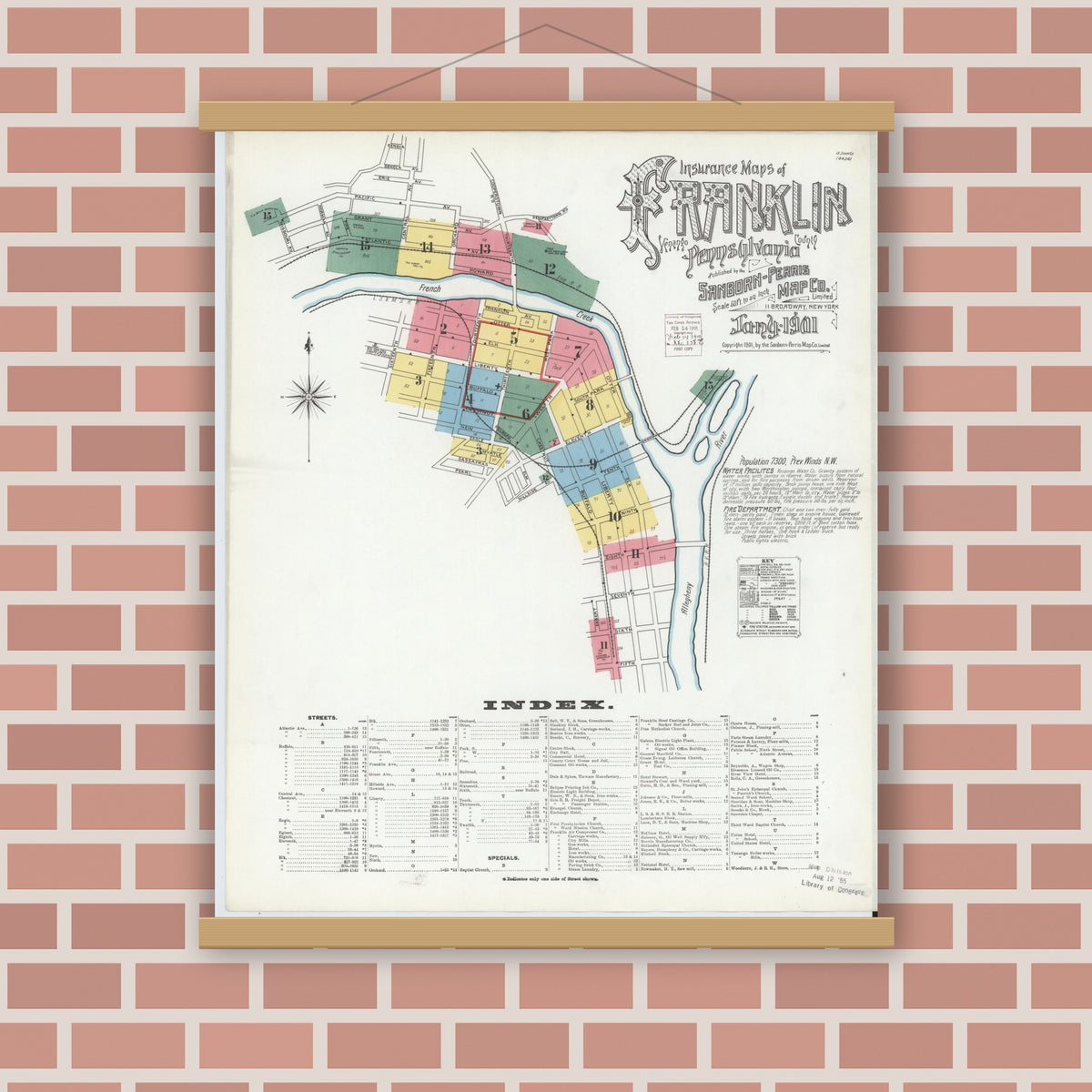 Old map wall art mockup — magnetic wood frame on brick wall — Sanborn Fire Insurance Map from Franklin, Venango County, Pennsylvania (1901), Sheet #0001