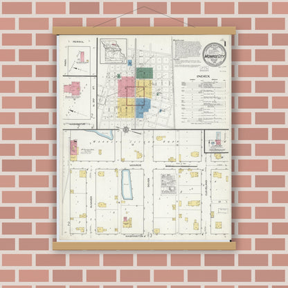 Old map wall art mockup — magnetic wood frame on brick wall — Sanborn Fire Insurance Map from Monroe City, Monroe County, Missouri (1916) - Complete Map Set