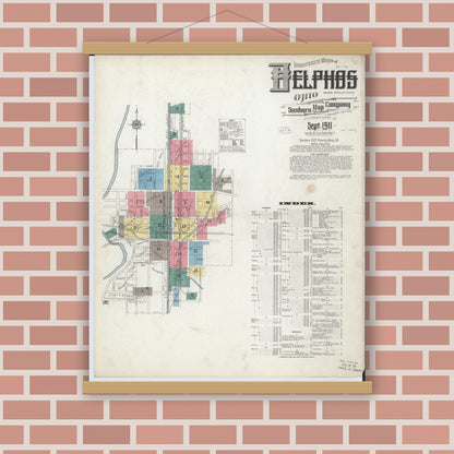 Old map wall art mockup — magnetic wood frame on brick wall — Sanborn Fire Insurance Map from Delphos, Van Wert And Allen Counties, Ohio (1911), Sheet #0001