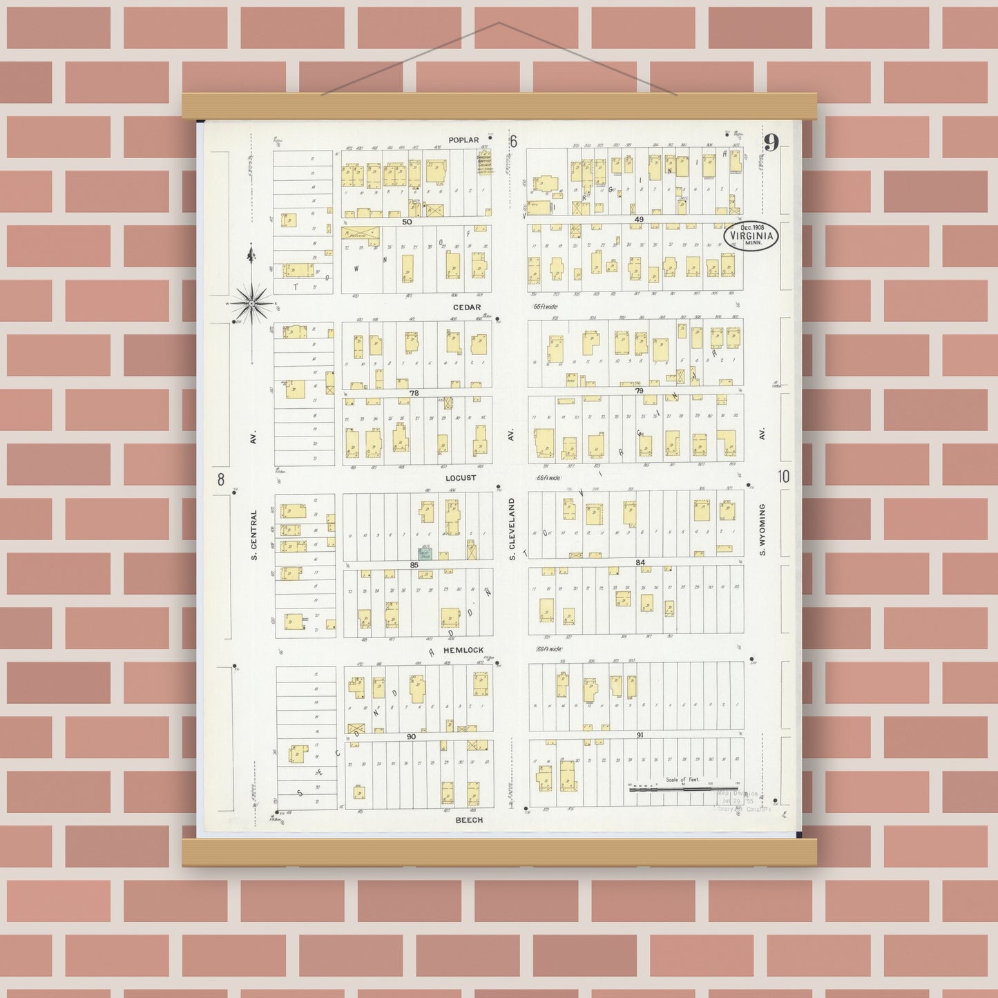 Old map wall art mockup — magnetic wood frame on brick wall — Sanborn Fire Insurance Map from Virginia, Saint Louis County, Minnesota (1908), Sheet #0009